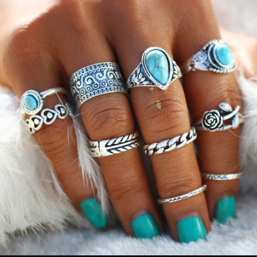 New! 10-piece Turquoise Ring Set